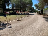 a gravel road with potted plants on poles at Mas de la pie in Saintes-Maries-de-la-Mer