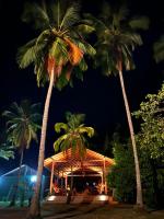 zwei Palmen vor einem Gebäude nachts in der Unterkunft Casa en la Playa Morro Paraiso in Palomino
