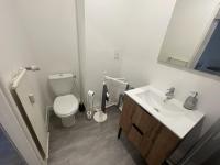 a bathroom with a toilet and a sink and a mirror at Logement neuf à proximité du centre ville avec parking in Limoges