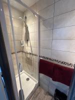 a bathroom with a shower with red towels at Le Richelieu Bacchus in Fontainebleau