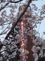 a sign with a cherry tree in front of a building at Dafong Hotel in Zhongzheng