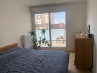 ein Schlafzimmer mit einem Bett und einem großen Fenster in der Unterkunft Grand Appartement Proche Paris Idéal Paris 2024 in Ivry-sur-Seine
