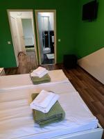 two beds in a room with green walls and mirrors at Rooms Modrušan in Slunj