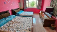 two beds in a room with pink walls at Sea Front Homestay in Magong