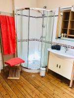 a bathroom with a shower and a sink and a toilet at Villa Einigriv in Châtelaillon-Plage