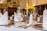 a table with glasses and a vase with yellow flowers at Schloss Purschenstein in Neuhausen