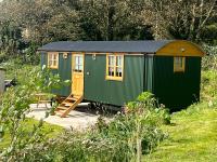 a green shed with a staircase in a garden at Beacon Country House Hotel &amp; Luxury Shepherd Huts in St. Agnes