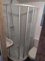 a shower with a toilet and a sink in a bathroom at En attendant que ça pousse avec bain nordique privatif in Theix