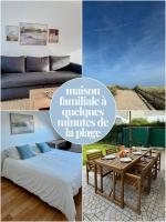 a collage of pictures of a living room with a bed and a table at Charmante maison familiale in Ouistreham