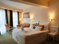 a bedroom with a bed and a living room at Calimbra Wellness Hotel Superior in Miskolctapolca
