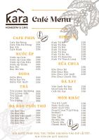 a menu for karma cafe menu with leaves at Kara Homestay & Cafe in Can Tho