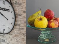a clock and a bowl of apples and pears at Gîte Sambin, 4 pièces, 6 personnes - FR-1-491-341 in Sambin
