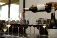 Iemand die rode wijn in een rij wijnglazen schenkt. bij Benguela Cove - Lavender Dreams in Hermanus