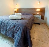 Un dormitorio con una cama grande con dos almohadas encima. en Hotel Estrella Andina, en San Juan