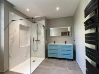 a bathroom with a blue cabinet and a shower at La Pavoyère in Mormoiron