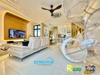 a living room with white furniture and a ceiling at Bali Residence Melaka By Heystay Management in Melaka