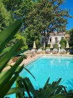 ein Swimmingpool mit Stühlen und Sonnenschirmen in der Unterkunft Villa Aigarden maison d&#39;hôtes in Avignon