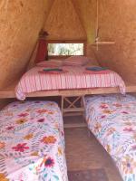 two beds in a small room with a window at Tiny House et yourte sous les Poiriers in Domfront