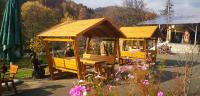 un gazebo in legno in un giardino fiorito di Casa Grigorescu, Cerna, Vaideeni, Valcea a Cerna