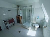 a white bathroom with a shower and a toilet at AMRI Apartman in Balatonföldvár