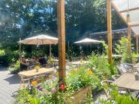 un patio con mesas y sombrillas en un jardín en Barbuy - Natuurhuisje in Durbuy - Bar - Zwem - Ontspan, en Durbuy