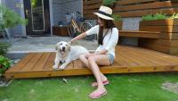 a woman sitting on a bench with a dog at Zhileju Homestay in Hualien City