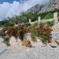a stone retaining wall with red flowers in front of a mountain at Villa Pina in Makarska, private pool in Makarska