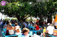 a group of people sitting on picnic tables under a tree at Bungalows Tangana in Tarifa