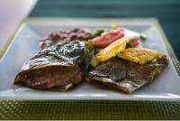 a plate of food with meat and vegetables on a table at Amazon Curassow Lodge and Expeditions in Paraíso