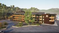 Una representación de un edificio turístico con árboles y montañas. en Dyreparken Safarihotell, en Kristiansand