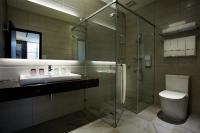 a bathroom with a shower and a toilet and a sink at Airline Inn Green Park Way in Taichung
