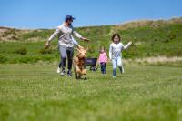 a woman and two children and a dog running in a field at Ferienzentrum Wenningstedt in Wenningstedt