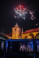 a firework display in front of a building at night at Timeout Heritage Hotel Zagreb in Zagreb