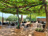 eine Terrasse mit Tischen und Stühlen unter einem Baum in der Unterkunft El Molino Hostal-Restaurante in Jarafuel