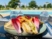 Ein Teller mit Sandwiches und Pommes frites auf einem Tisch in der Unterkunft Le Noirlac in Saint-Amand-Montrond