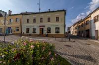 a street in a town with flowers in front of a building at Penzion a restaurace U Vladaře in Toužim