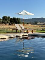 two benches sitting next to a pool of water with an umbrella at Villa Narducci in Montalbano