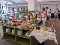 a buffet of food on a table in a cafeteria at Mediterranean Beach Resort in Laganas