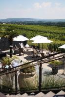 a patio with chairs and umbrellas and a vineyard at Weingut Magdalenenhof in Rüdesheim am Rhein