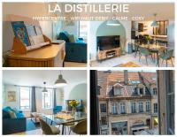 un collage de tres fotos de una sala de estar y una casa en Hypercentre, authentique, calme - La distillerie, en Pontarlier