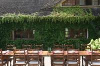 a wooden table and chairs in front of a green wall at Domaine Foray in Villecien