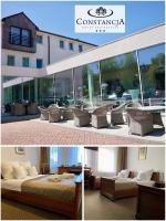 2 fotos de una habitación de hotel con cama y sillas en Hotel Constancja, en Częstochowa