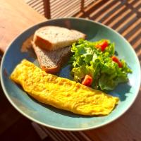 Un plato azul con una tortilla, un sándwich y ensalada. en Bukit Samudra, en Lemonga