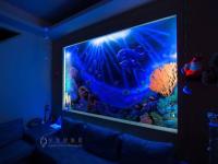 a large screen with a large aquarium in a room at Hai Yang Feng Qing Homestay in Hualien City