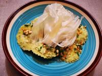 a blue plate of food with meat on top of food at B & B La Mela in Darfo