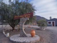 Una señal para un museo con un jarrón sentado debajo. en Cabaña Los Molles, en Cachí