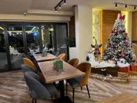 een restaurant met 2 tafels en een kerstboom bij Apartman Kostić in Zlatibor