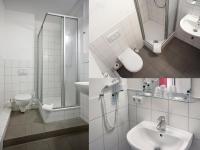 two pictures of a bathroom with a sink and a shower at hotelo Heidelberg in Heidelberg