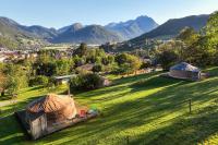 a green field with two yaks and mountains in the background at Yourtes Olachat proche Annecy in Faverges
