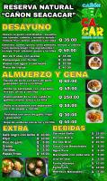 un panfleto para un restaurante con comida y bebida en Reserva Natural Cañón Seacacar, en Izabal